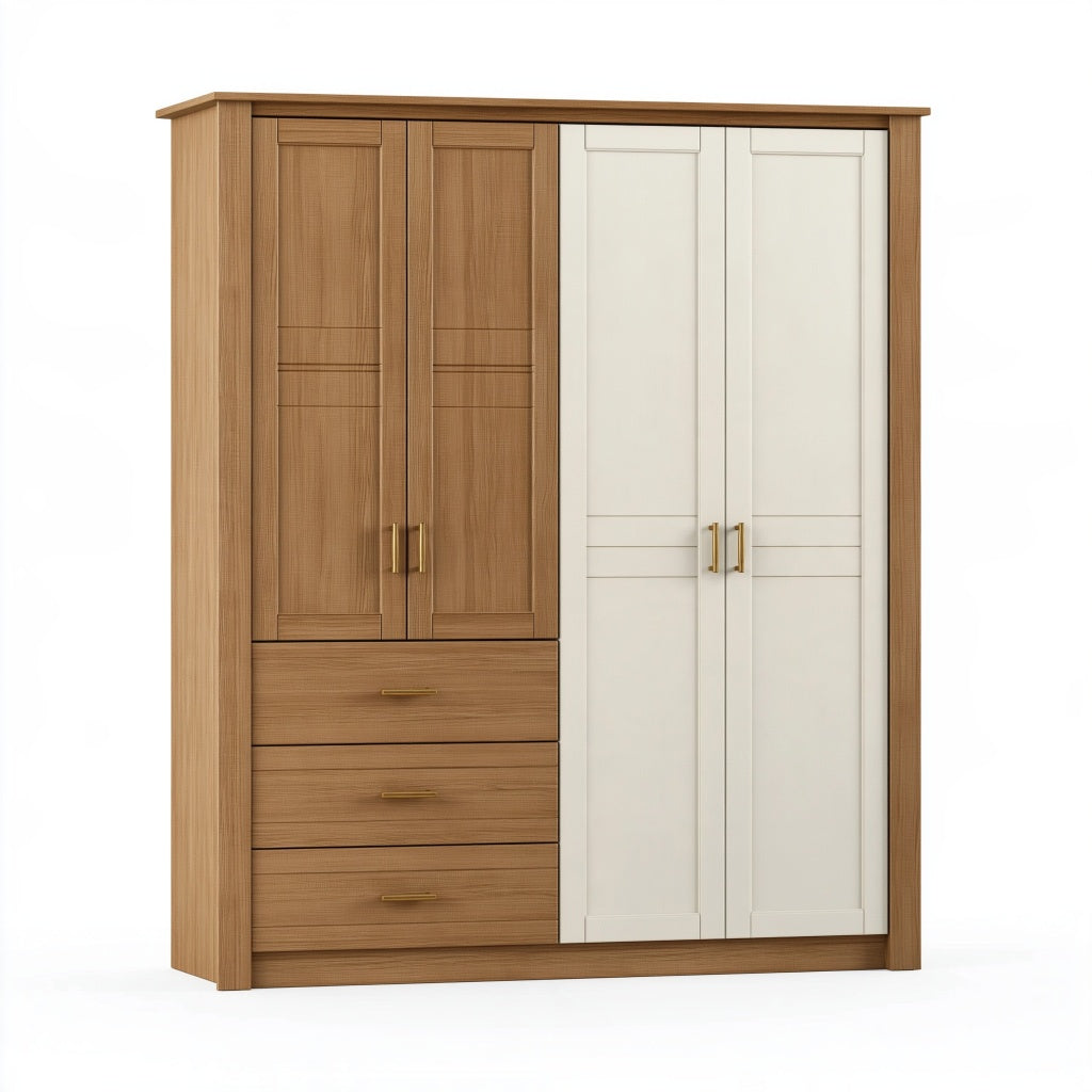 Kleiderschrank 180 x 60 x 220 cm in Holzoptik Weiß mit 4 Türen und 3 Schubladen