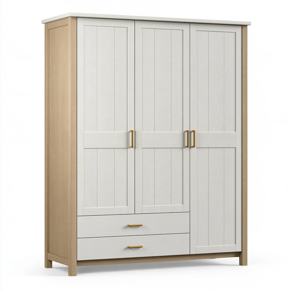 Kleiderschrank 150 x 55 x 200 cm Holzwerkstoff Weiß Natur Landhausstil mit 3 Türen und 2 Schubladen