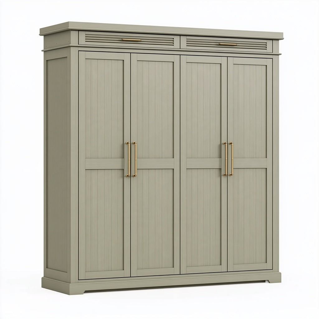 Kleiderschrank 200 x 60 x 220 cm Holzwerkstoff Greige Landhausstil mit 4 Türen und 2 Schubladen