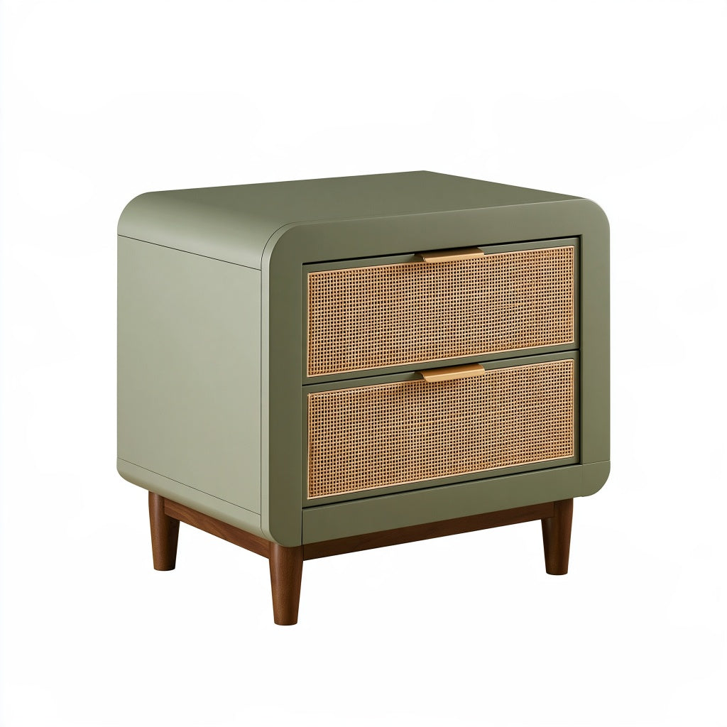 Nachtkommode 50 x 40 x 60 cm aus Holz in Olivgrün mit Rattanfronten - Retro-Stil mit 2 Schubladen