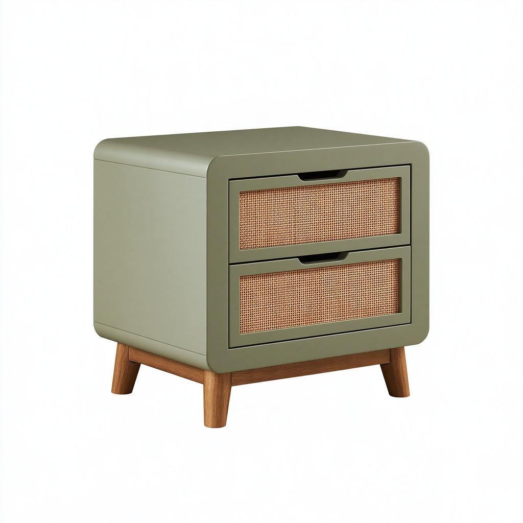 Nachttisch 50 x 40 x 55 cm aus Holzwerkstoff in Olivgrün mit Rattangeflecht im Retro-Stil