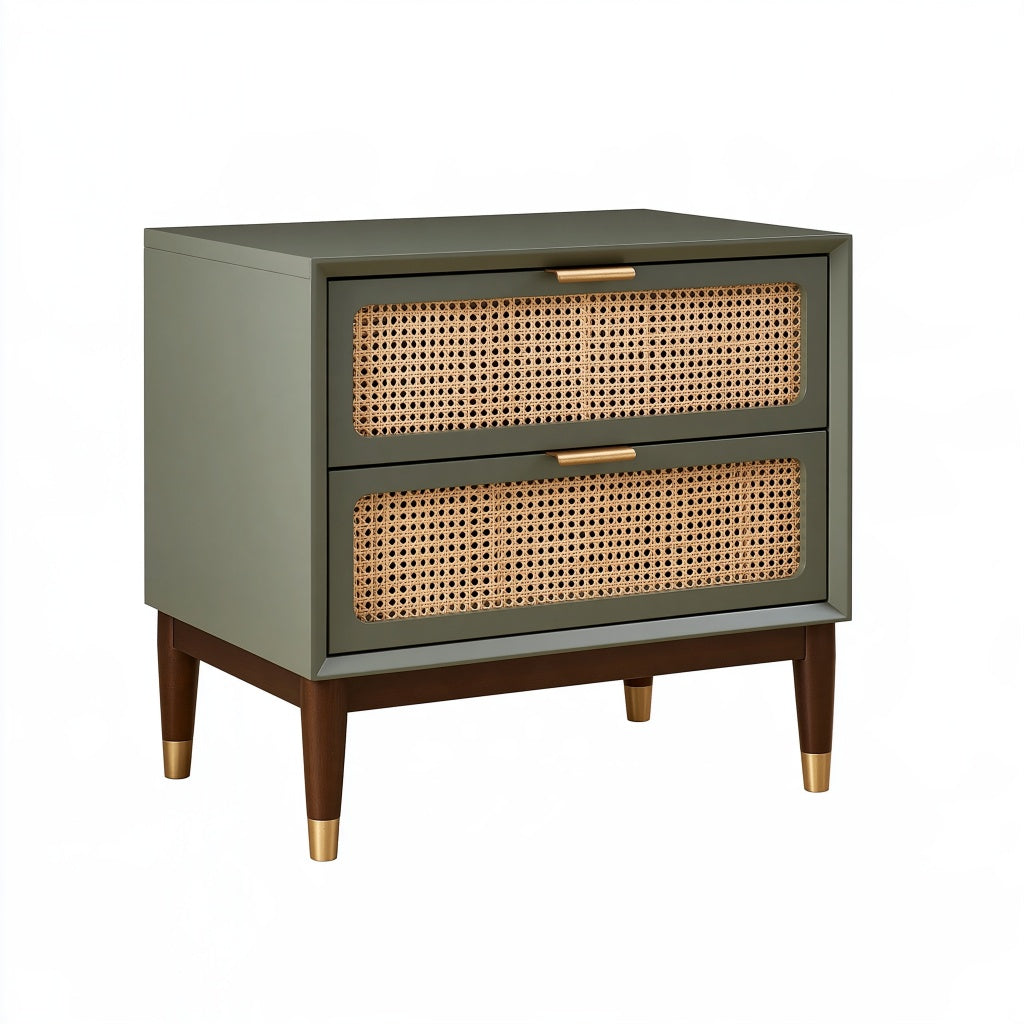 Nachttisch 60 x 40 x 65 cm aus Holzwerkstoff Olivgrün mit Rattanfront im Retro-Stil