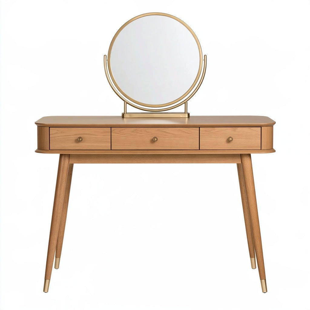 Schminktisch 110 x 45 x 145 cm Holz Naturfarben mit Spiegel und 3 Schubladen Mid-Century-Stil