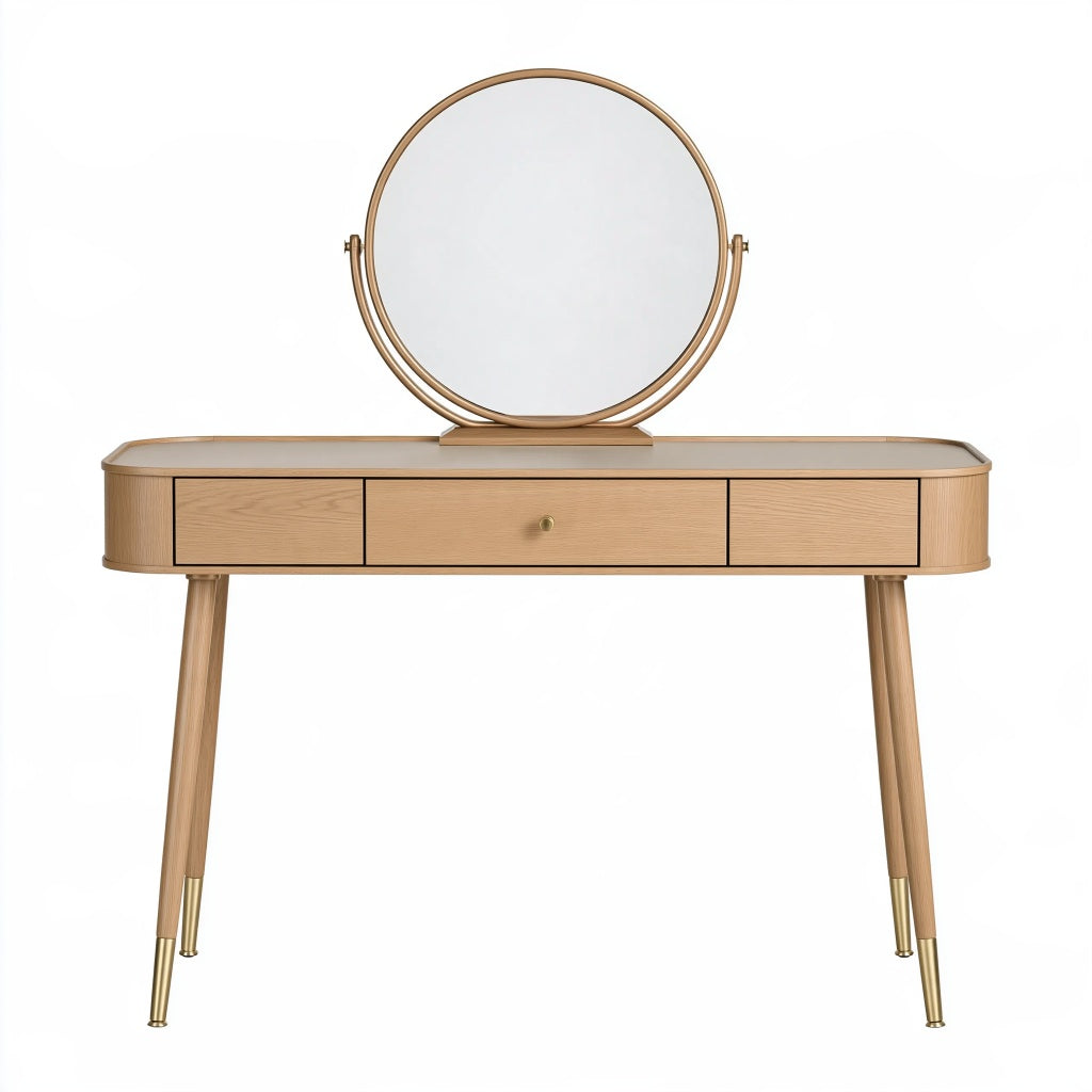 Schminktisch 120 x 45 x 140 cm Holzoptik Beige mit rundem Spiegel und Schubladen