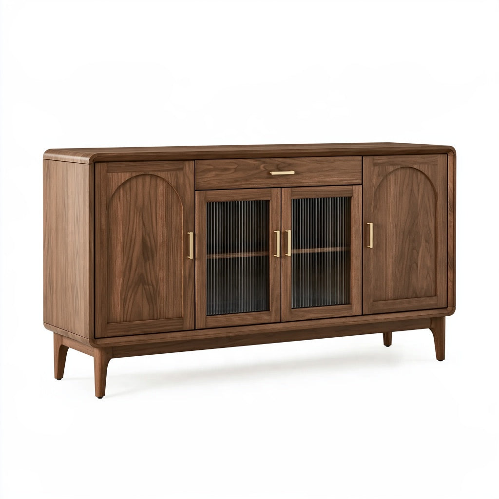 Sideboard 160 x 40 x 85 cm aus Holz in Walnussbraun mit Glastüren im Mid-Century-Stil