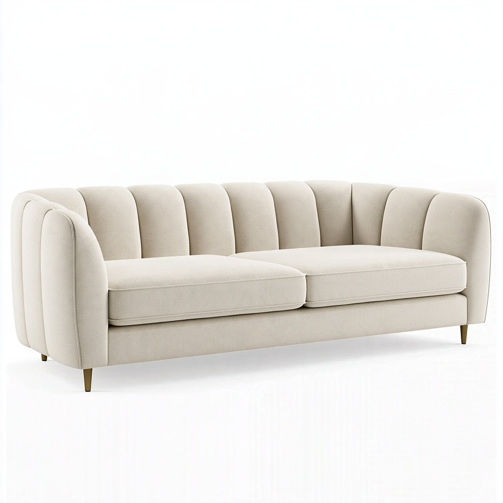 3-Sitzer Sofa 220 cm Stoff Creme - gepolstertes Wohnzimmer Sofa mit geriffelter Rückenlehne
