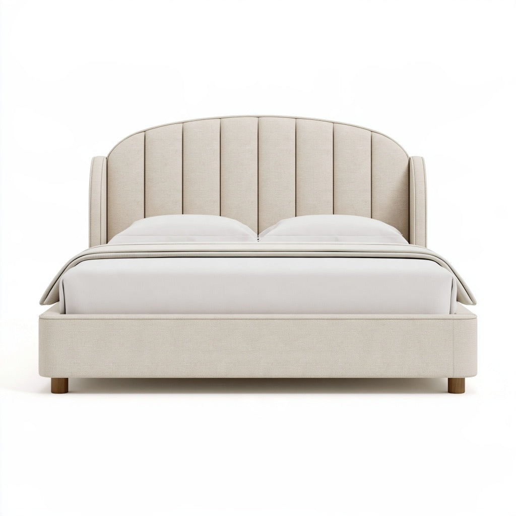 Polsterbett 160 x 200 cm Beige Stoff mit gepolstertem Kopfteil