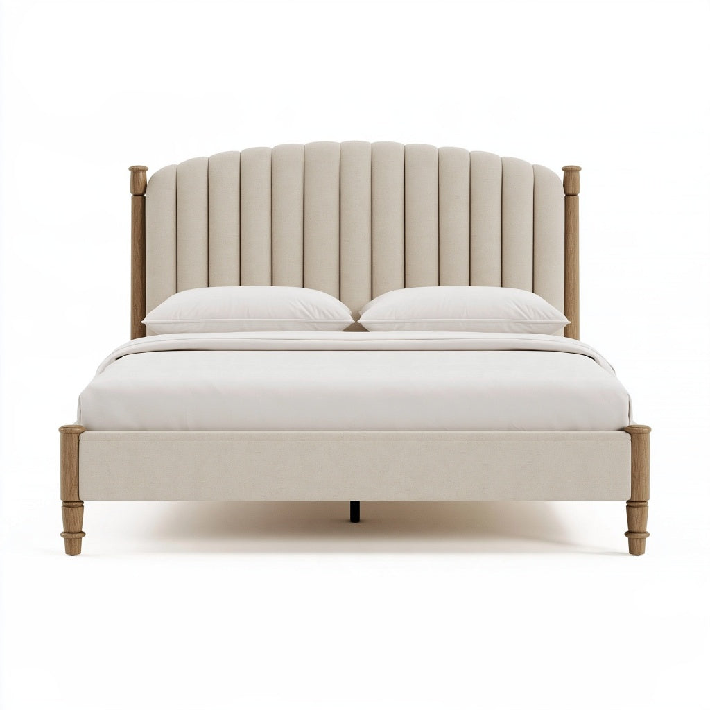 Polsterbett 180 x 200 cm Beige Naturholz - gepolstertes Doppelbett mit Holzfüßen