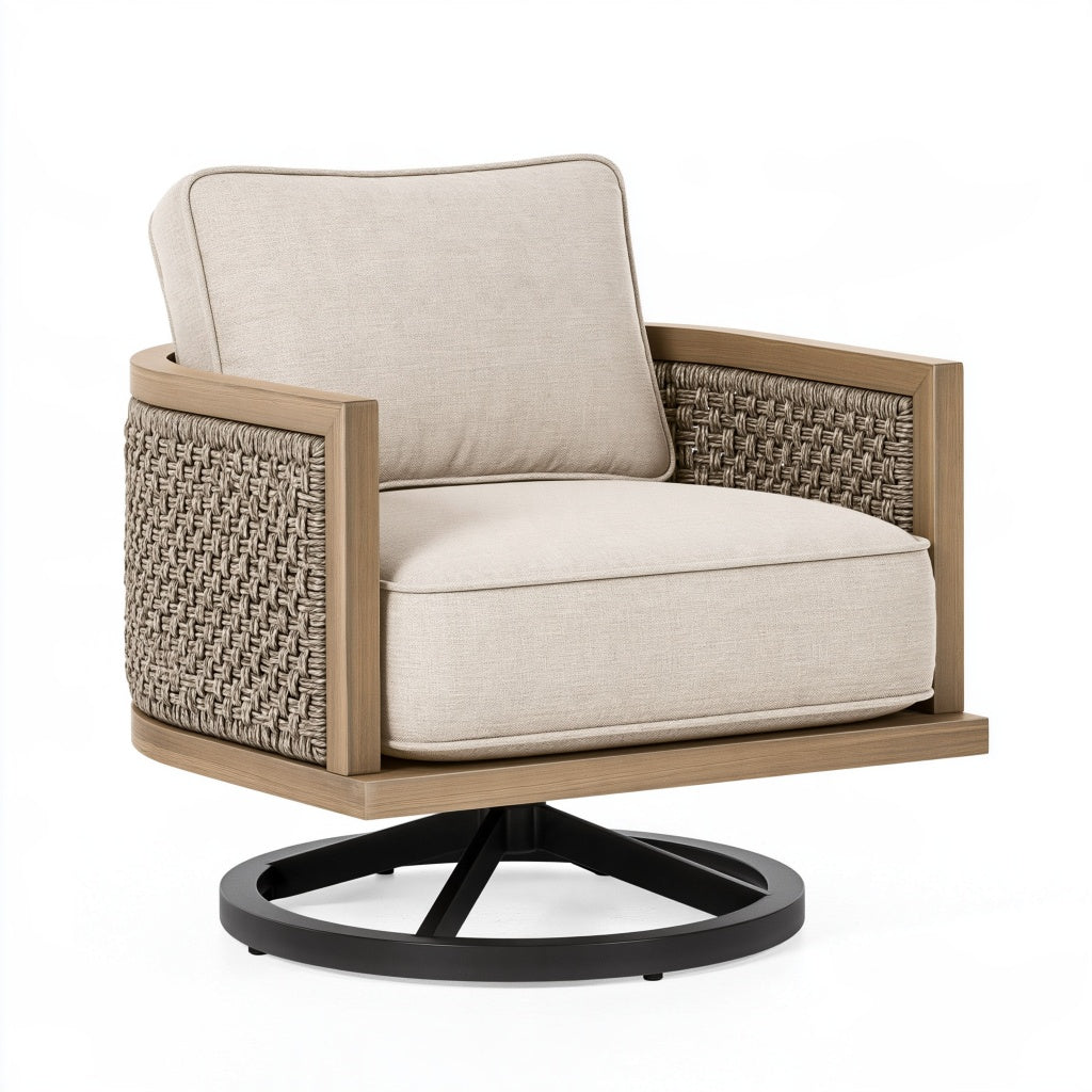 Drehsessel 78 x 82 x 86 cm mit Holz Geflecht und Stoffbezug in Beige Natur