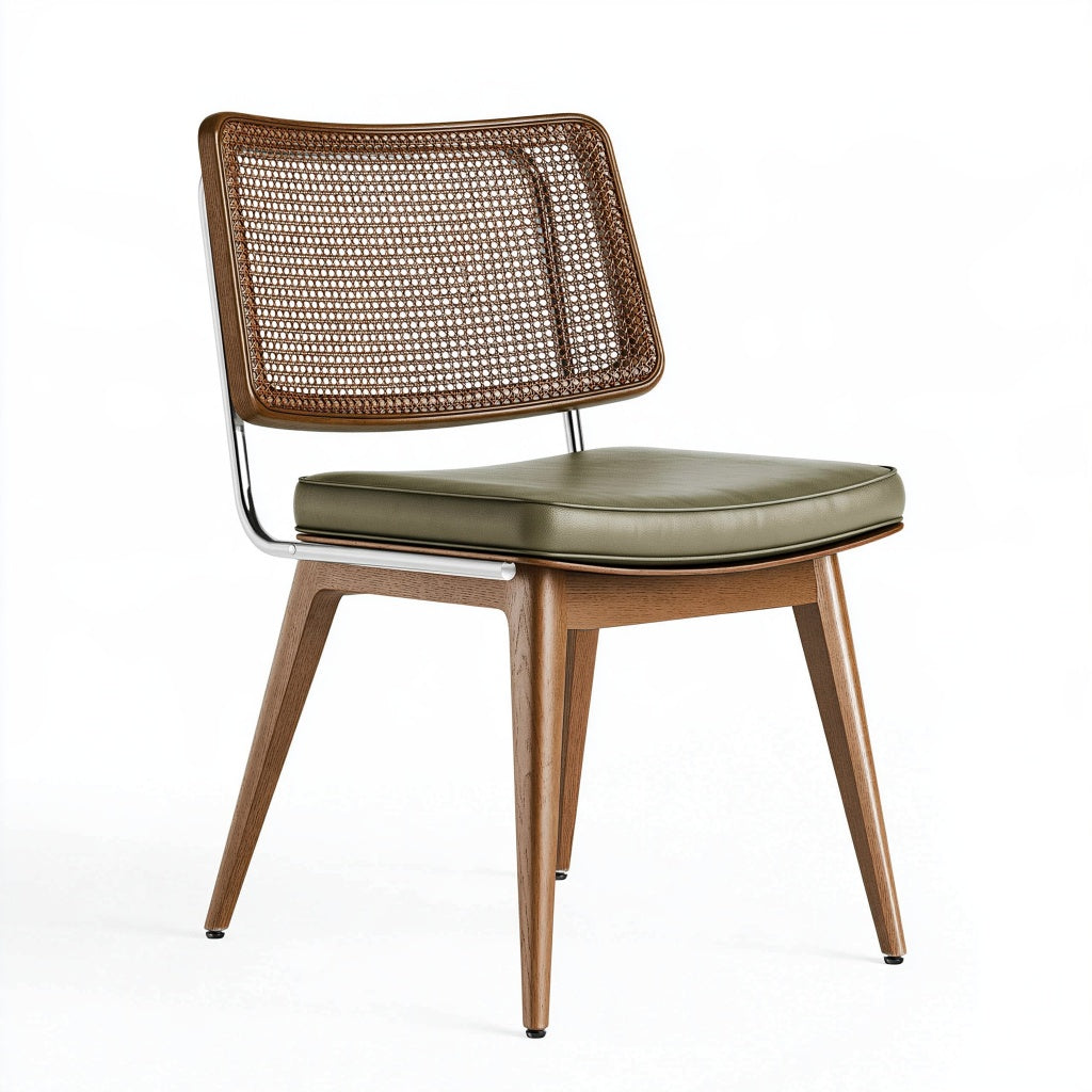 Esszimmerstuhl 55 x 58 x 82 cm aus Holz Rattan und Metall mit olivgrünem Kunstledersitz